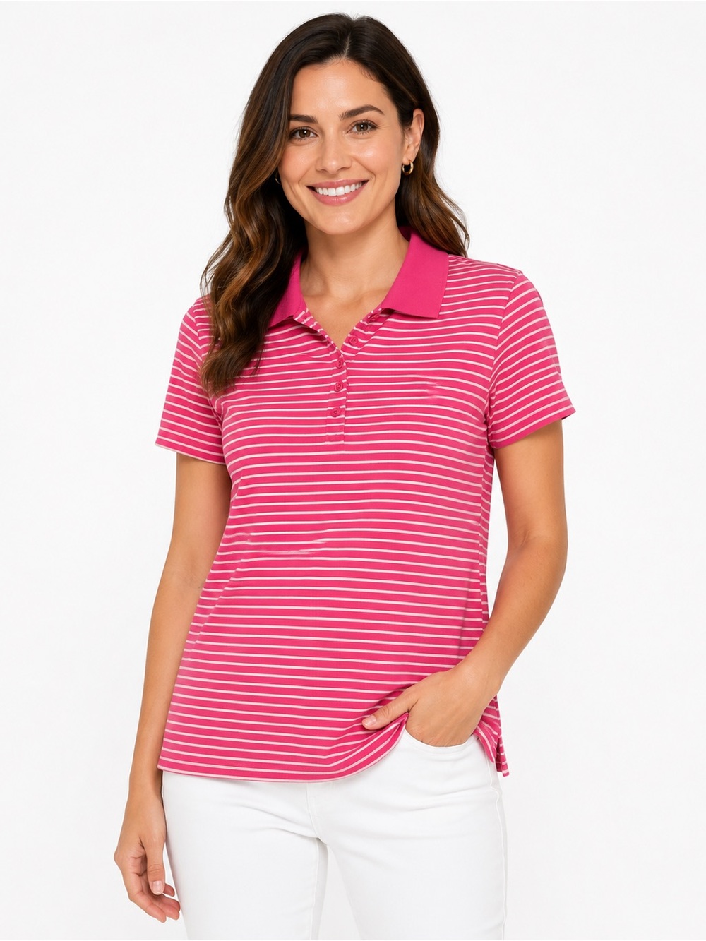 Basic Editions Pink Striped Button-Down Polo - 0520